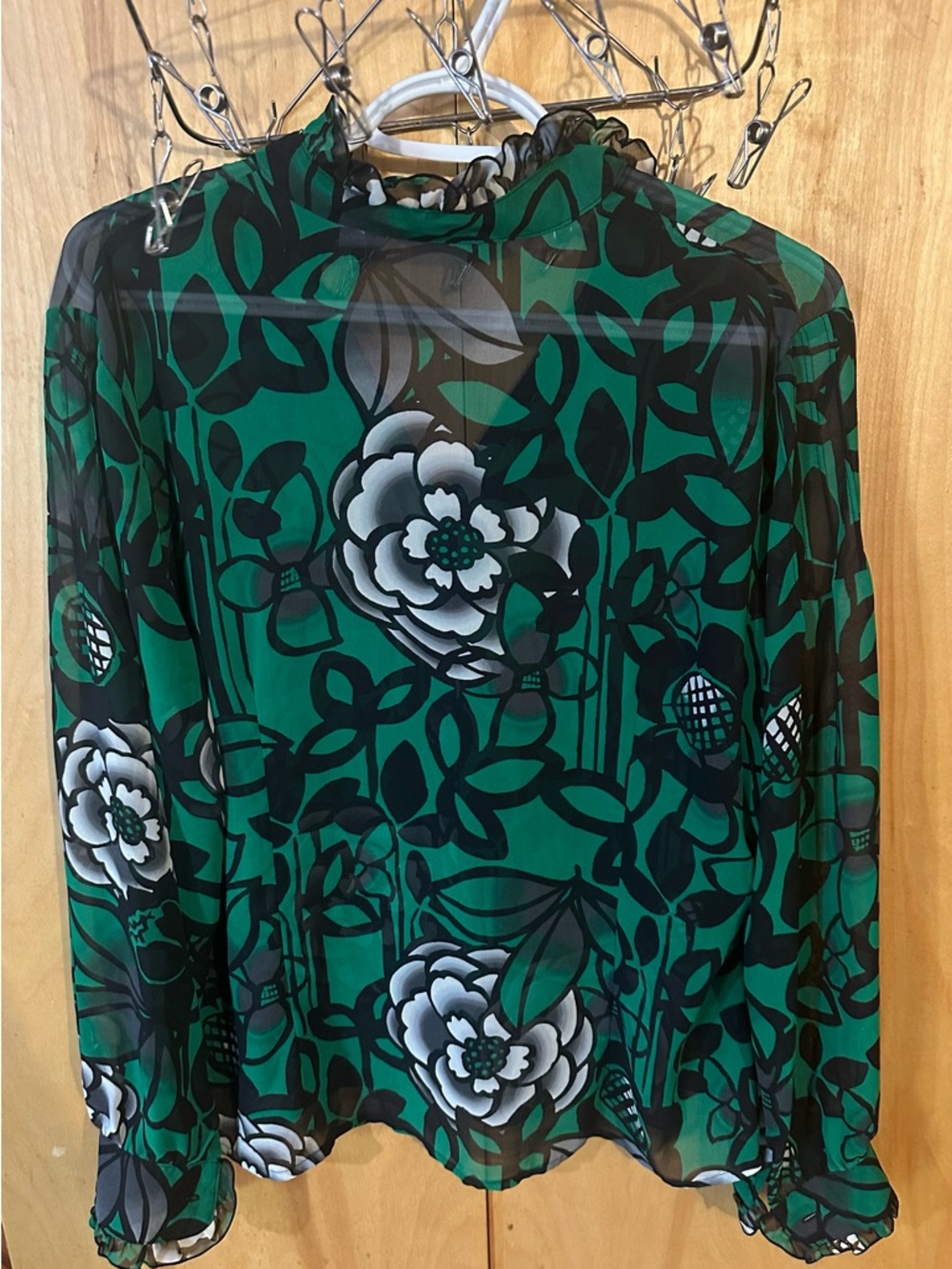 Worthington Women’s Green Floral Sheer Button Down Blouse Pettite-XL